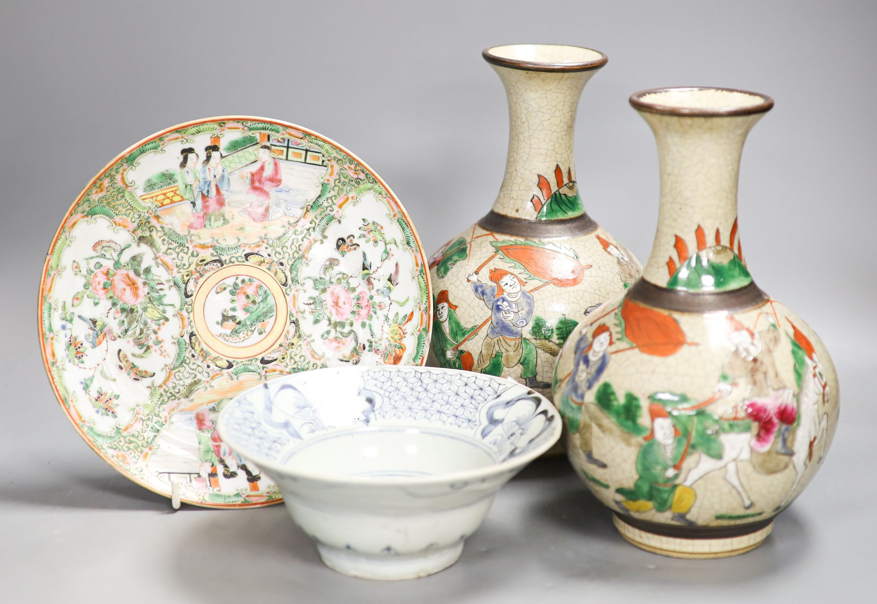 A pair of Chinese crackle glaze famille rose vases, a famille rose dish and a blue and white bowl, 19th century and later